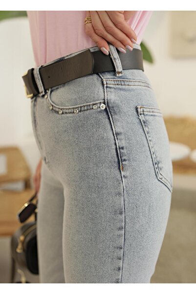 TUNAM BUTİK 1774-08 بنطلون جينز موم من فيوري باتشا ستون باللون الأزرق الفاتح