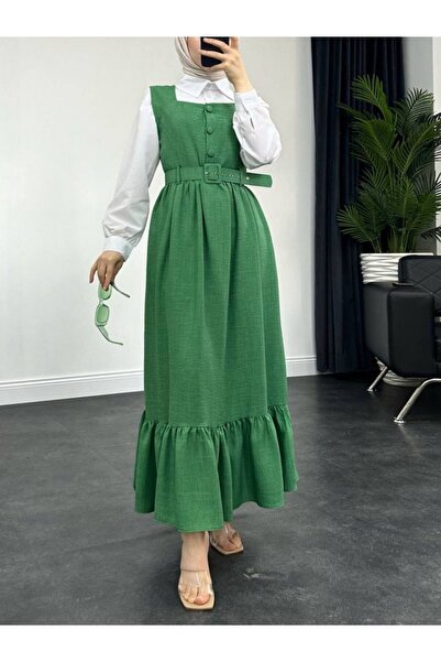 Modamorfo Buttoned Top, Ruffled Bottom, Belted Waist Gilet Dress - Green