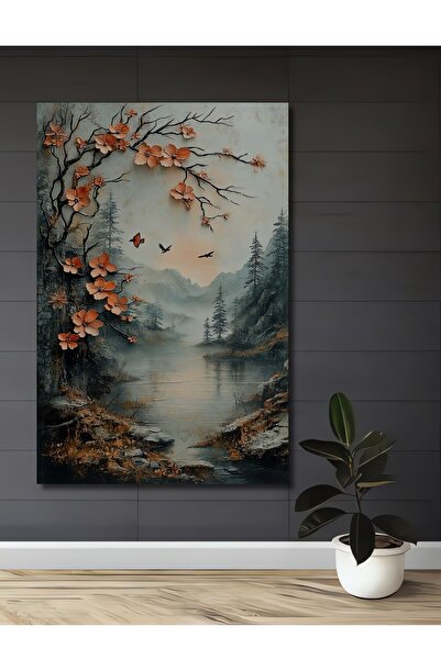 Teona Ahşap Doğal Sakin Manzara Çiçek ve Kuş Detaylı Yağlı Boya Görünümlü Ahş...