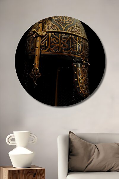 Teona Ahşap Osmanlı Sanatı Altın Varaklı Miğfer Ahşap Dekoratif Tablo Yuvarla...