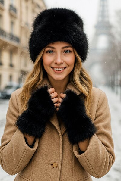 FELLMENS Μαύρα μαλακά βελούδινα γάντια καπέλου μάνγκο με μαλακή υφή, σετ 2 τε...