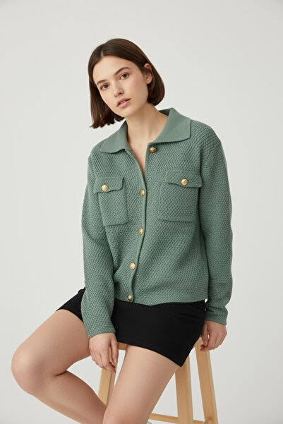 NEWCO Gold Button Textured Knitwear Jacket with Double Pocket Detail, Polo Neck, Long Sleeves