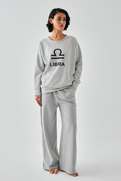 Akbeniz Women's Gray Libra Zodiac Sign Oversized 2 Thread Tracksuit Home Wear Set