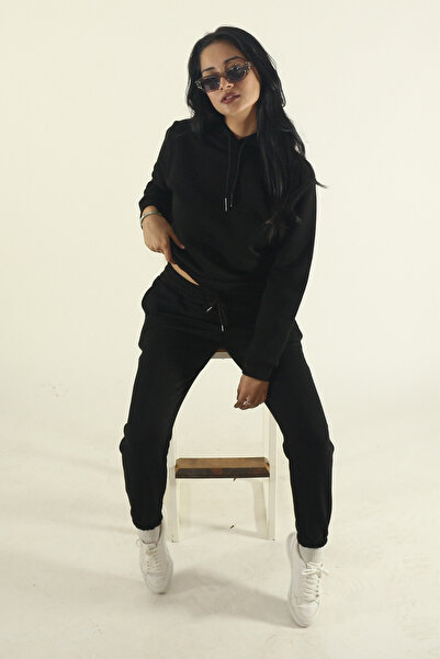 EydaMoon Women's Black Winter Cotton Puff Fabric Side Pocket Hooded Jogger Tracksuit Set