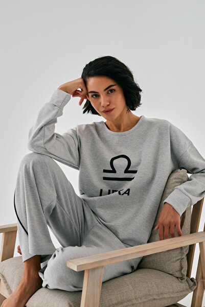 Akbeniz Women's Gray Libra Zodiac Sign Oversized 2 Thread Tracksuit Home Wear Set