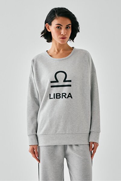 Akbeniz Women's Gray Libra Zodiac Sign Oversized 2 Thread Tracksuit Home Wear Set