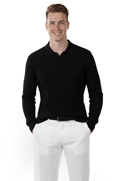 DeepSEA Men's Black Polo Neck Corded Fabric Knitwear Sweater – 100% Cotton, Flexible Texture, Modern Fit 2605305