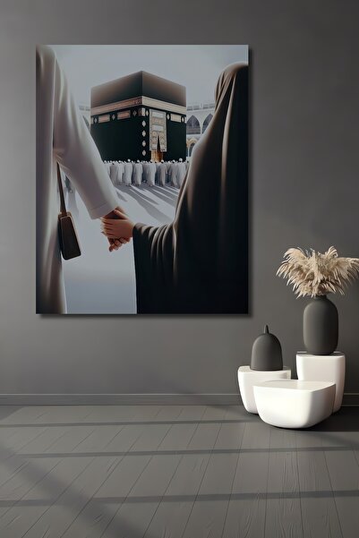 Teona Ahşap Kabe Önünde El Ele Yağlı Boya Görünümlü Ahşap Dekoratif Tablo Dik...