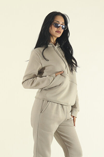 EydaMoon Women's Stone Winter Cotton Puff Fabric Side Pocket Hooded Jogger Tracksuit Set