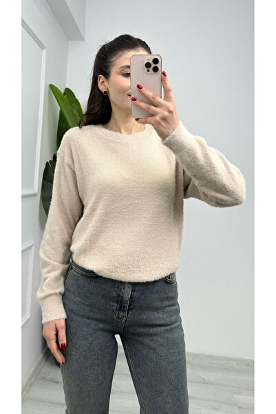 TUNAM BUTİK 857- Crew Neck Plain Bearded Soft Sweater Camel