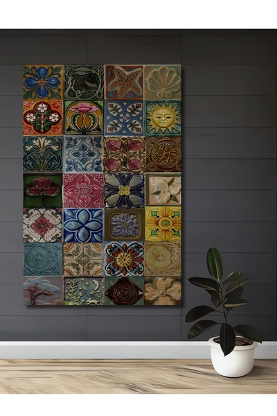 Teona Ahşap Dekoratif Ahşap Tablo Çini Desenli Retro Görünümlü Sanat Eseri Di...