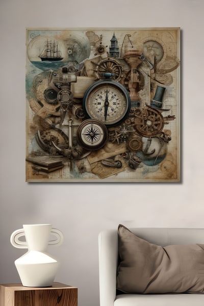Teona Ahşap Antik Pusula Gemi Dümen Ve Pusulalar Desenli Dekoratif Ahşap Tablo Dikdörtgen Tablo