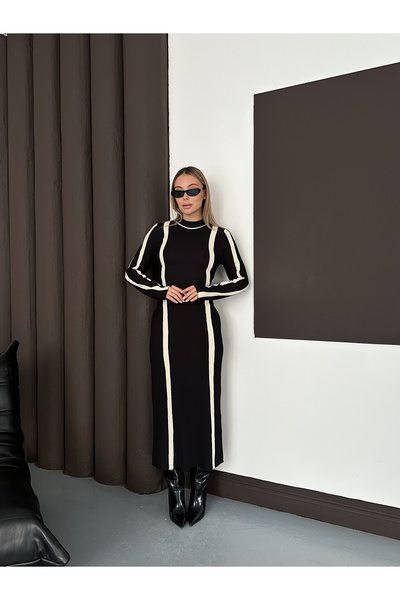 LE CARAMBOLE Women's Black Crew Neck Striped Detail Long Dress