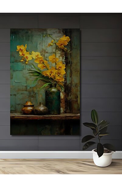 Teona Ahşap Sulu boya görünümlü sarı orkide çiçekleri ahşap dekoratif tablo D...