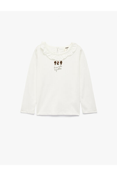 Koton Cotton Ruffle Detail Floral Printed Crew Neck Long Sleeve T-Shirt