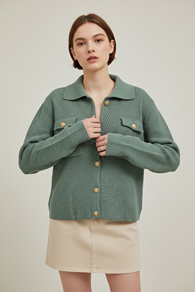 NEWCO Gold Button Textured Knitwear Jacket with Double Pocket Detail, Polo Neck, Long Sleeves