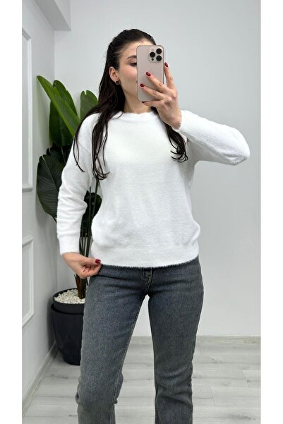 TUNAM BUTİK 857- Crew Neck Plain Bearded Soft Sweater Ecru