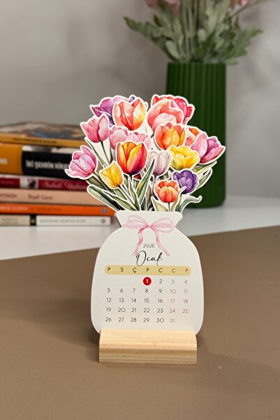 tifopix Ahşap Ayaklı Çiçekli Tasarım Lale Masa Takvimi Fiyonklu Lale 2026 takvim Öğretmenler Günü Hediyesi