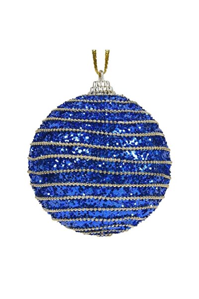 OEM Glob de Crăciun, spumă, albastru cu sclipici, diametru 8 cm, șnur auriu