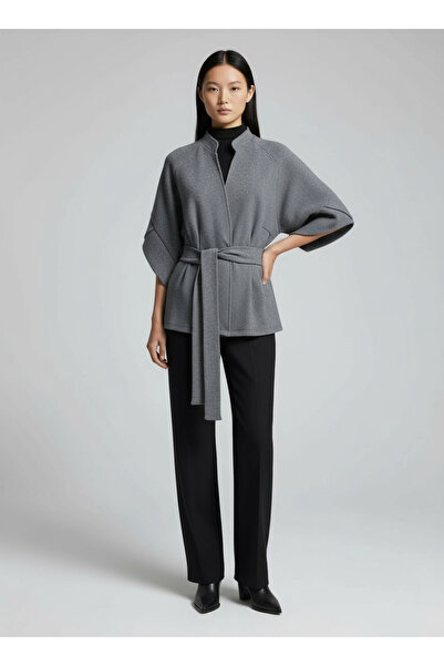 Şiir Origami Women's Ottoman Pattern Geo Raglan Sleeve High Neck Pleated Detail Coat & Women's Jacket - Smoked