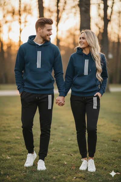 NİCE Winter Lover Couple Combination, Stripe Pattern Men's Bottom Top Set Men/Women 2-Piece