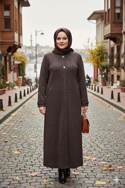 Hermevsim Hesna Women's Nurel Plus Size Winter Square Snap Button Brown Overcoat