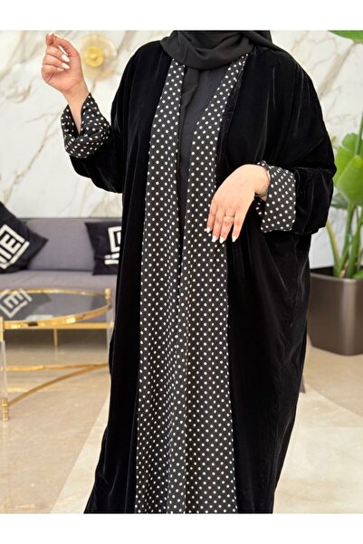 elegant veil Double-sided velvet abaya over black polka-dot chiffon; elegant hijab with a soft texture and modern design