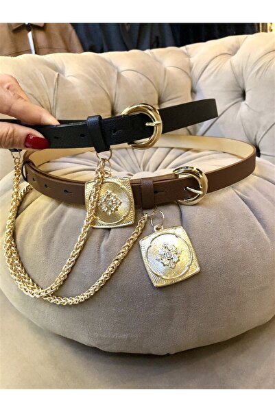 Gözde Tasarım Butik Women's Black Color Thin Synthetic Leather Belt with Chain and Accessories