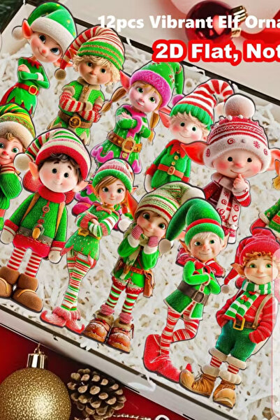 Trade Bazaar Set of 12 Wooden Elf Christmas Tree Ornaments | 2D Flat Printing Colorful Hanging Decorations / Home & Party Decor