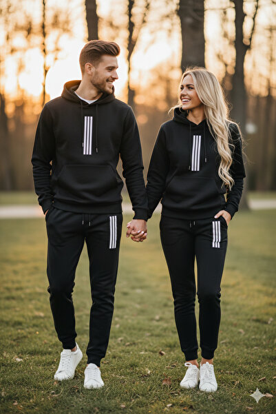 NİCE Winter Lover Couple Combination, Stripe Pattern Men's Bottom Top Set Men/Women 2-Piece