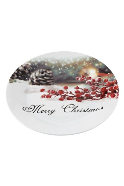 OEM Christmas porcelain plate with frosted berries and cones, 'Merry Christmas' ø19cm