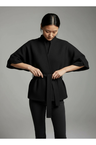 Şiir Origami Women's Ottoman Pattern Geo Raglan Sleeve High Neck Pleated Detail Coat & Hat & Women's Jacket