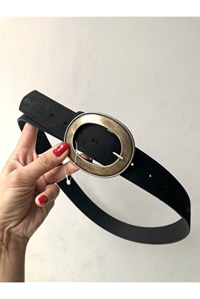 Gözde Tasarım Butik Women's Black Color Antique Bronze Oval Buckle Suede Belt