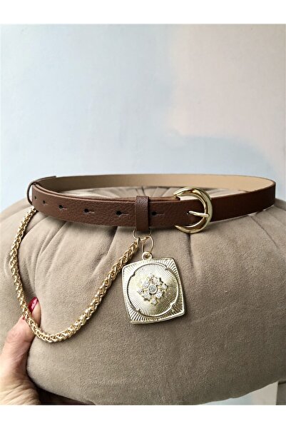 Gözde Tasarım Butik Women's Brown Thin Faux Leather Belt with Chain and Accessories