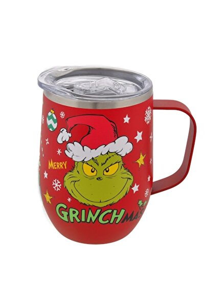 OEM Red metal Christmas thermos mug with Grinch pattern & transparent lid 350ml