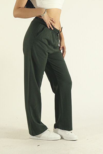 EydaMoon Women's Khaki Combed Cotton Fabric Stretch Fabric Wide Leg Elastic Waist Palazzo Sweatpants