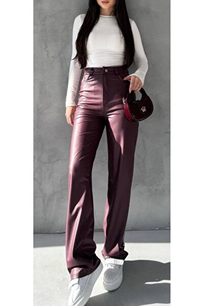 Hilals Butik Palazzo Model Yüksek Bel Şardonlu Deri Pantolon