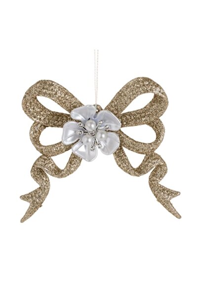 OEM Christmas Tree Ornament Beige Bow with Glitter & Beads 10x10cm