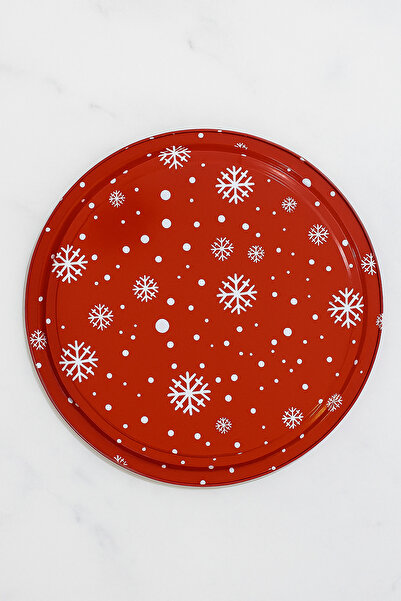 ATAGİFT HEDİYELİK Yılbaşı Temalı Kırmızı Metal Tepsi – Kar Tanesi Desenli Yeni Yıl Sunum Ve Servis Tepsisi