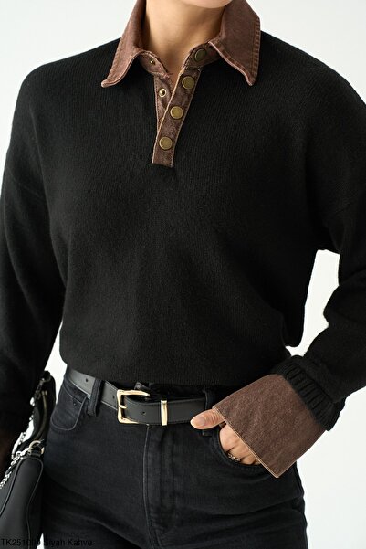 ossons Contrast Collar Button Detailed Knitwear