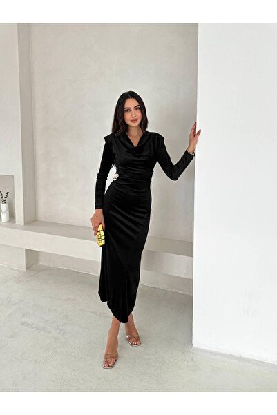 Larenmoda Degaje yaka kadife midi boy elbise
