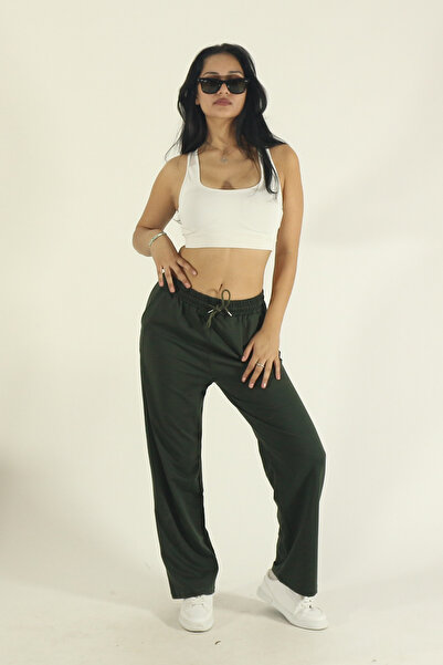 EydaMoon Women's Khaki Combed Cotton Fabric Stretch Fabric Wide Leg Elastic Waist Palazzo Sweatpants