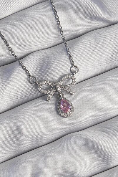 N!da Jewelry Steel Zircon Stone Drop Model Ribbon Necklace