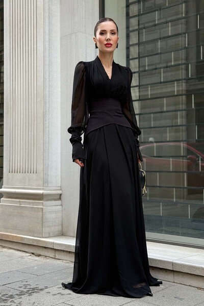 YK FASHION Tül Kuşak Detaylı Elbise