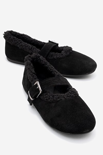LuviShoes Guin Black Suede Genuine Leather Plush Detailed Belted Women's Ballerina Shoes