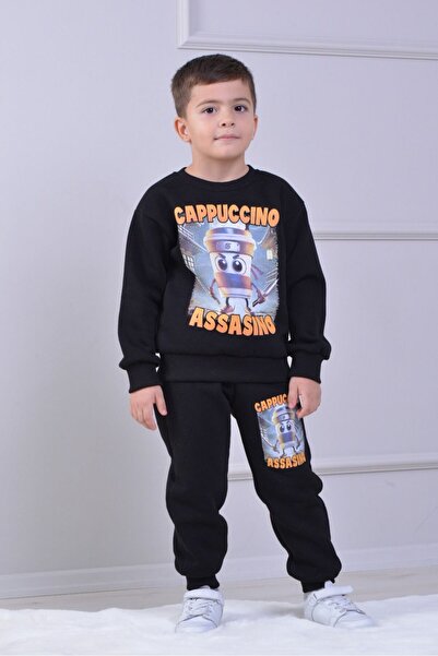 Yağmur Giyim Pjk3İ Cappıcıno Patterned 3-Thread Sha Fleece-Lined 100% Cotton Boys' Tracksuit Set 3-10 Years Old 8266