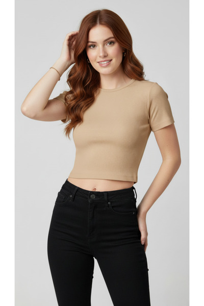 SmallTouch يبرز انحناءات الجسم حياكة مضلعة تي شيرت نسائي قصير من القماش