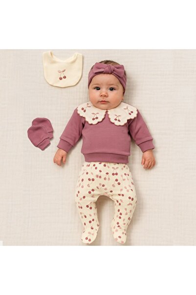 thesecret desire Baby Girl Dusty Rose Cherry Patterned Collar Detailed 5-Piec...