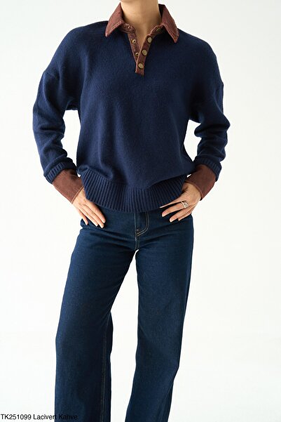 ossons Contrast Collar Button Detailed Knitwear