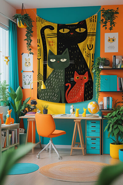 Etnik Dekor غطاء حائط بطباعة رقمية منقوشة من عائلة القطط